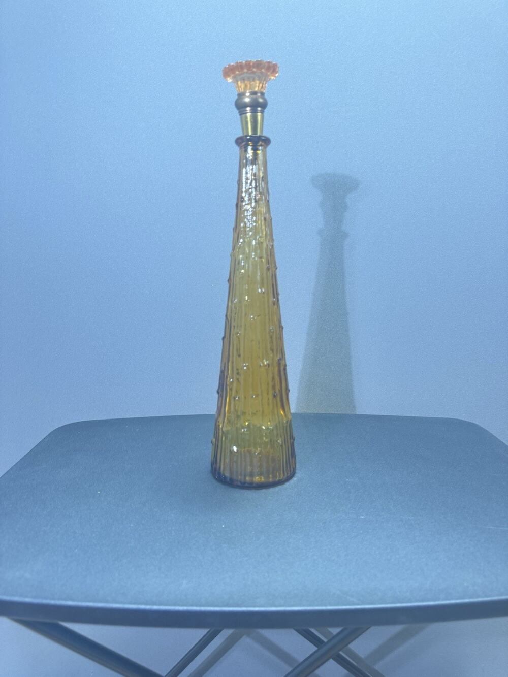 Vintage MCM Amber Glass Genie Bottle Decanter Brass Stopper Empoli Style 18ā